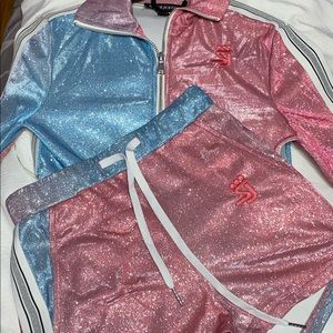 Pink and blue sparkling shorts set